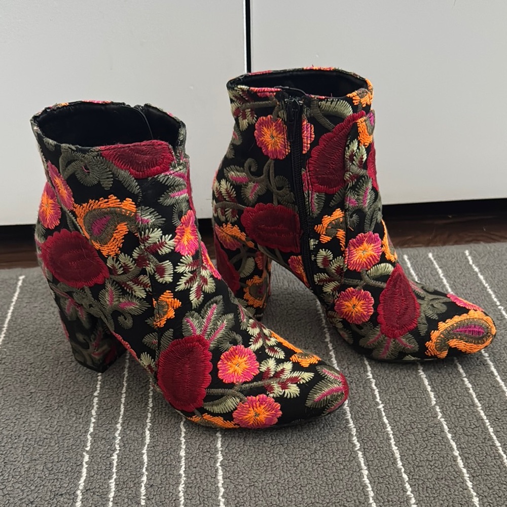 MIA Black Floral Embroidered Ankle Boots with Red and Orange Accents